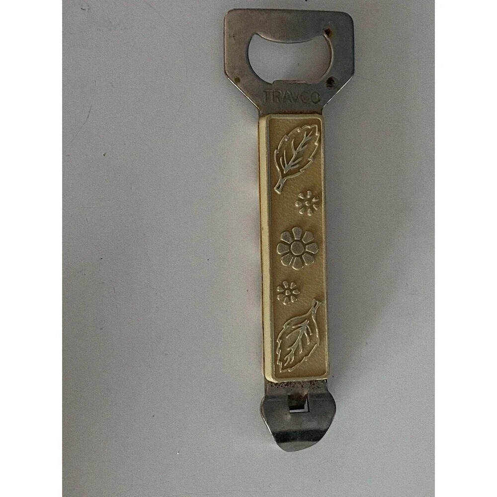 Vintage Travco Bottle Opener Cream and Gold Floral,  Flower & Leaves 1960’s